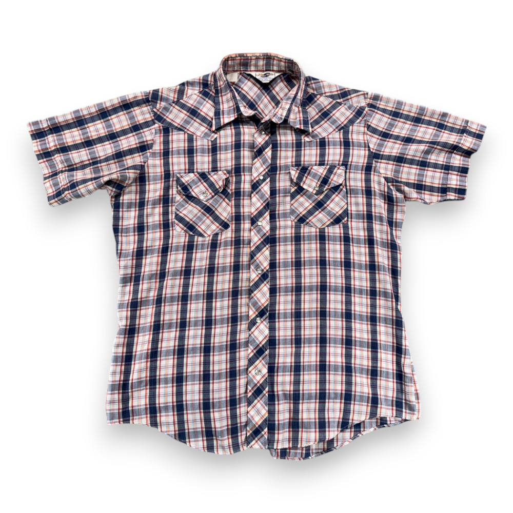 Vintage Double S Western Shirt Adult LARGE Blue Red Plaid Pearl Snap USA 70s